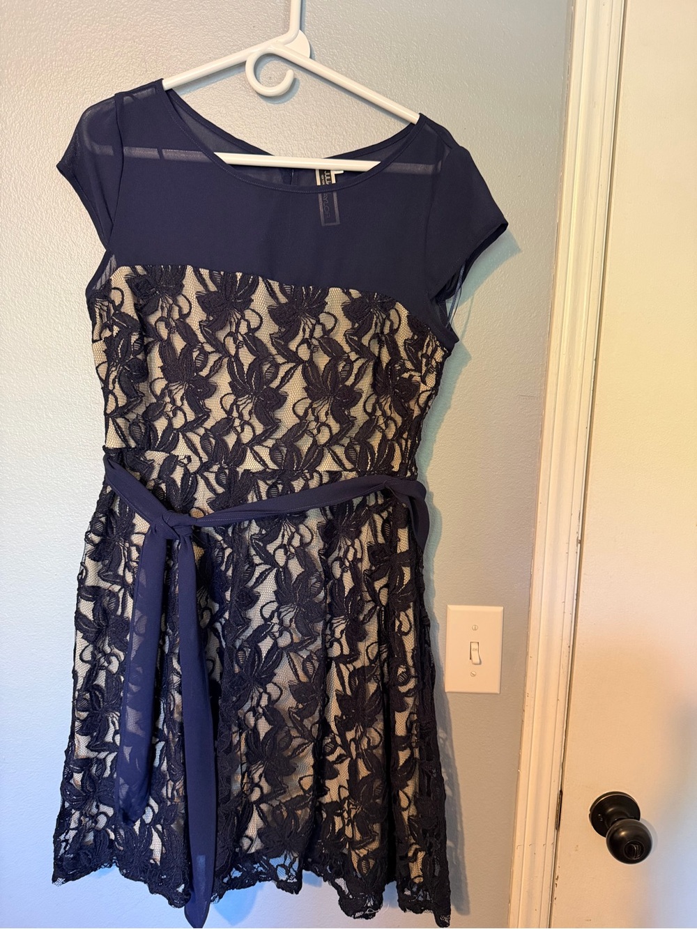 Julian Taylor Navy Lace Midi Dress with Sheer Yoke